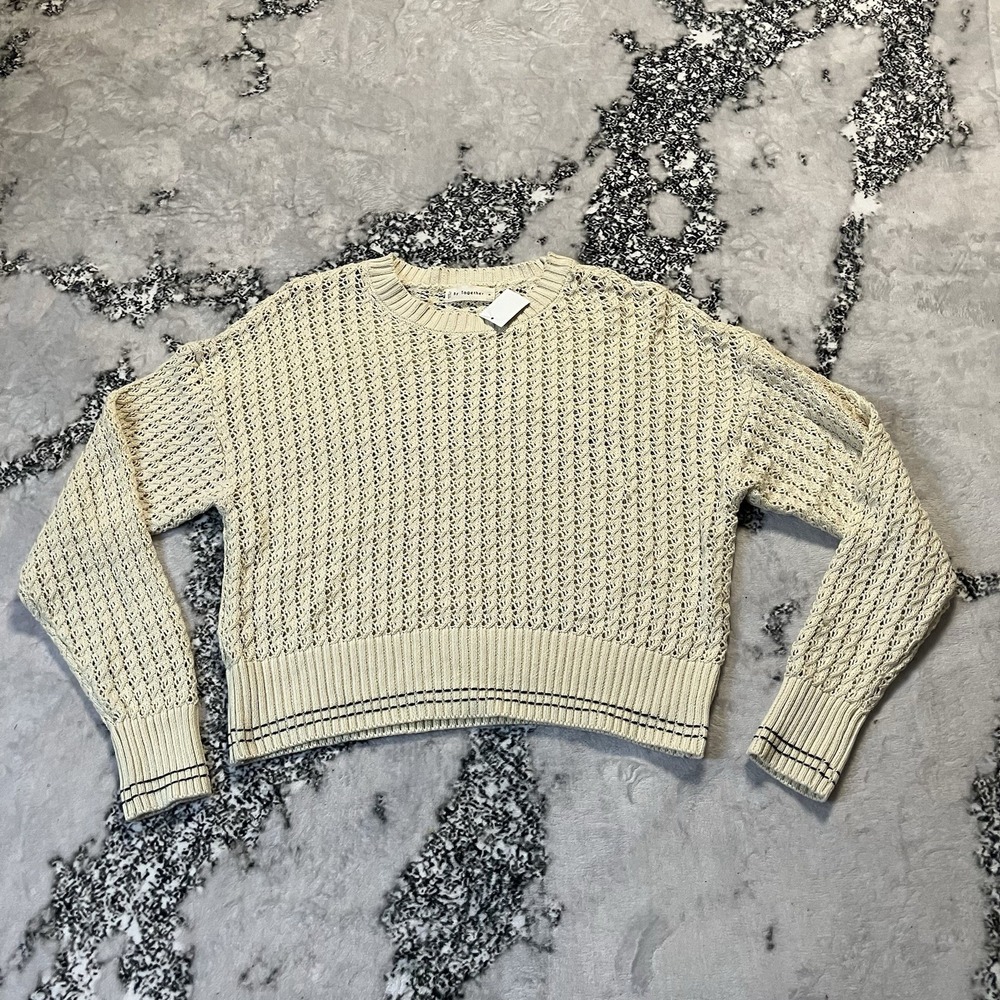 By Together Sweater Womens Size Medium Natural Open Knit Boho Long Sleeve